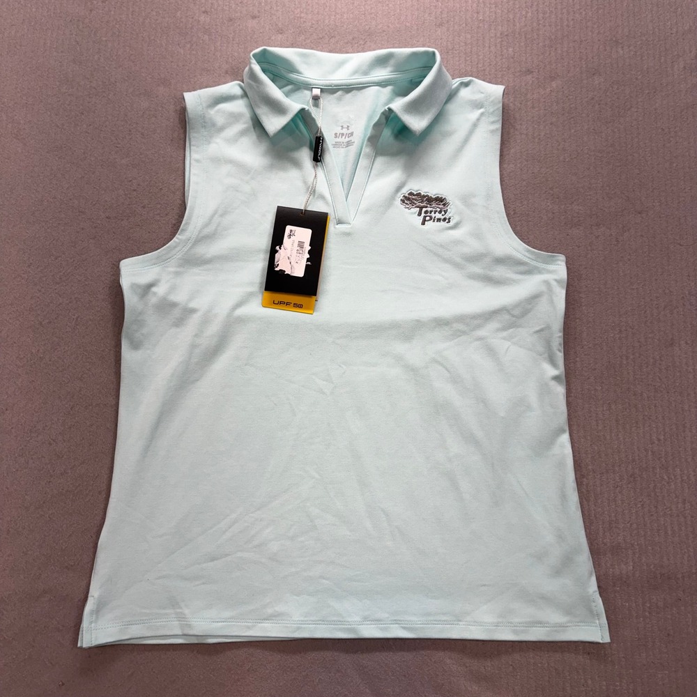 Under Armour Sleeveless Polo Womens Small Blue Torrey‎ Pines Golf UPF 50 V-Neck